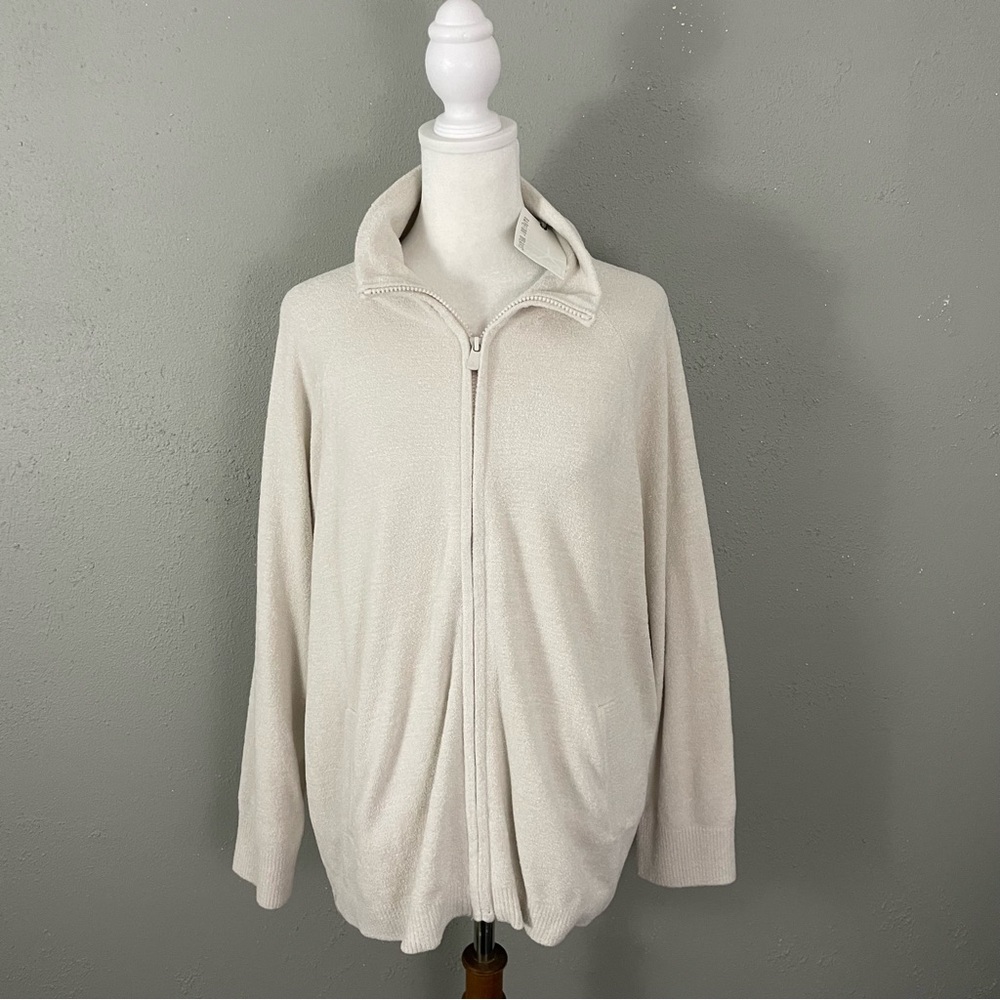 NEW Barefoot Dreams $158 Full Zip Poncho L/XL Beige Cozy Chic Ultra Lite Jacket